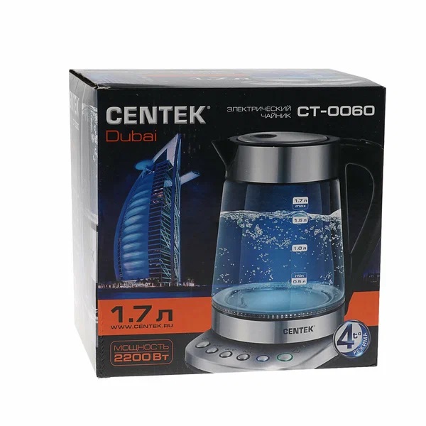 5. Чайник Centek CT-0060 Dubai, 1.7л 2200Вт, стенд с 4 темп. режимами, LED-подсветка, отделка нерж.
