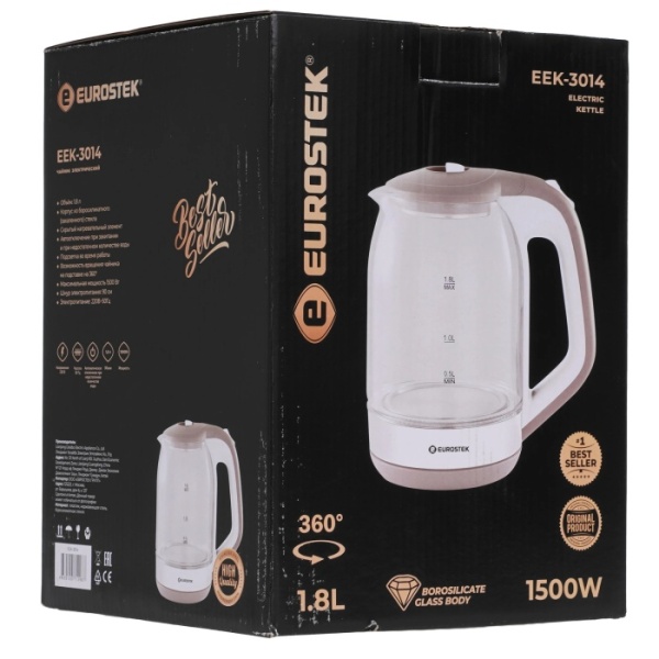 5. Чайник EUROSTEK ЕЕК-3014 1.8л,1,5кВт,стекло