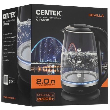 5. Чайник Centek CT-0015 стекло, 2.0л, 2200Вт, внутренняя LED подсветка, кнопка