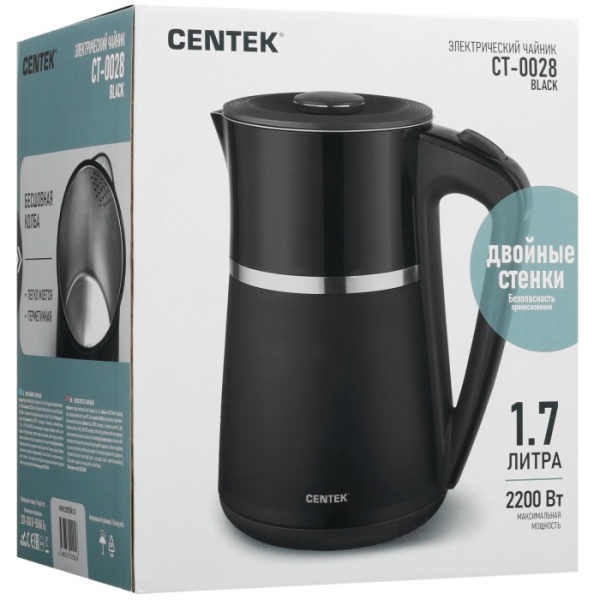 5. Чайник  CT-0028 BLACK металл 1.7л, 2200W, бесшовная колба, двойные стенки