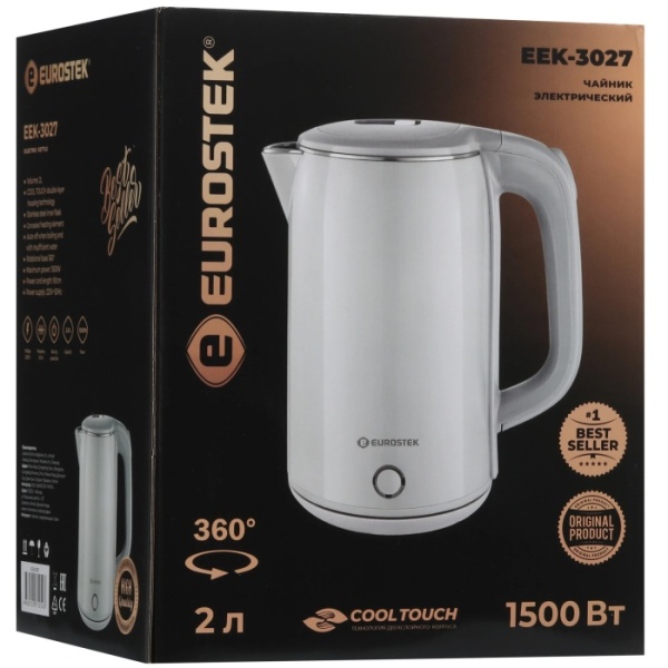 5. Чайник EUROSTEK ЕЕК-3027 2л,1.5кВт, 2-хслойный корпус, белый