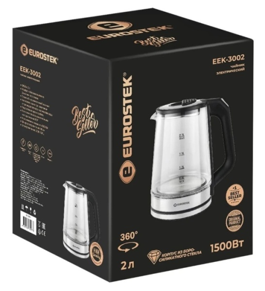 3. Чайник EUROSTEK ЕЕК-3002 2.0л,1,5кВт,стекло